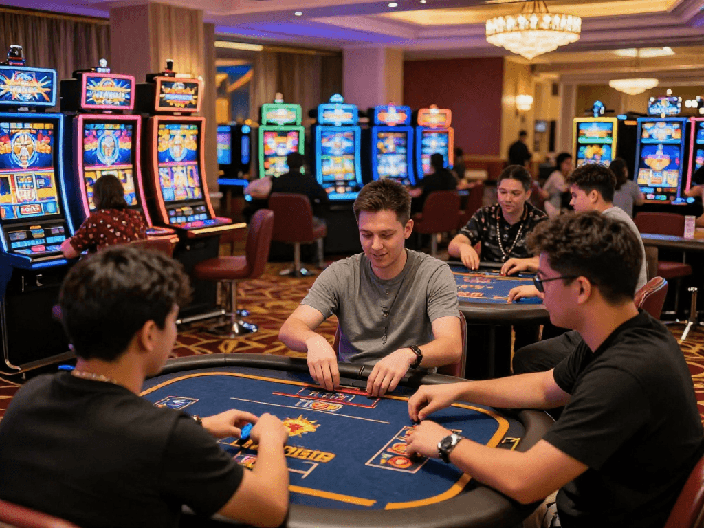 Joueurs s'amusant dans un casino en ligne, mettant en avant l'excitation du jeu.