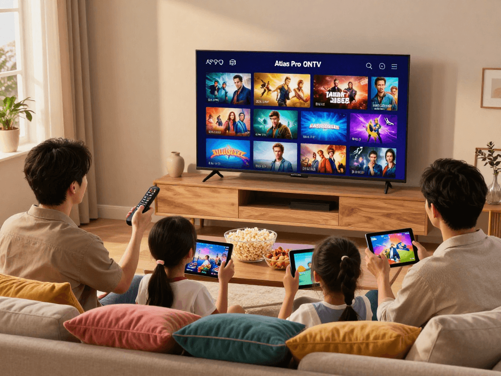 La famille profite d'Atlas Pro ONTV, regardant la télévision avec des collations sur la table.