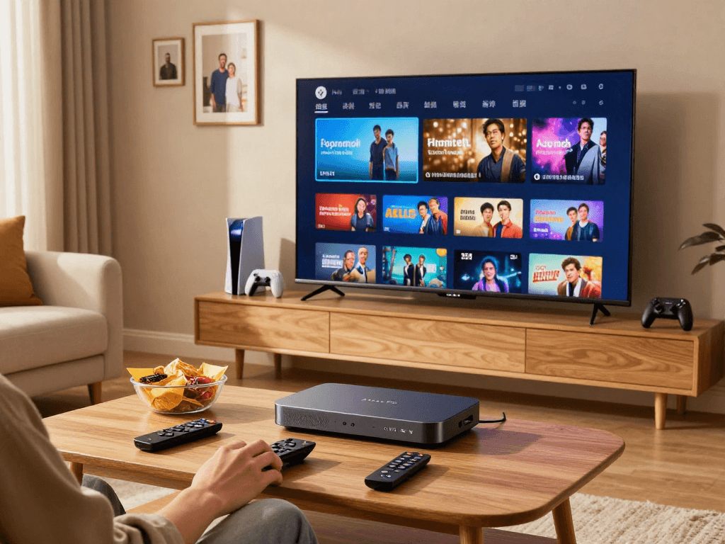 Utilisation de l'Atlas pro ontv pour regarder des films dans un salon moderne, ambiance chaleureuse.