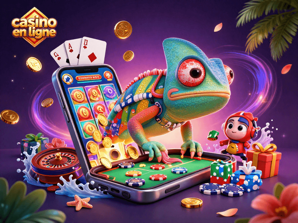 Engagez-vous dans le casino en ligne avec l'illustration colorée d'un chameleon dynamique.