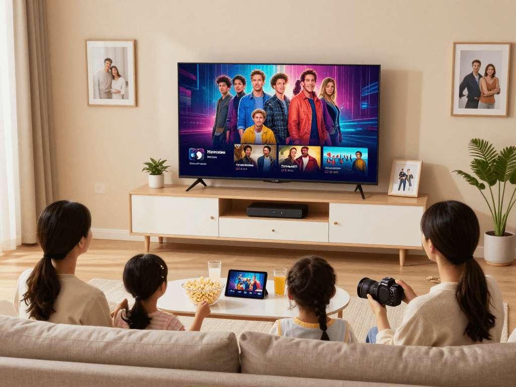 Famille profitant d'Atlas pro pour une soirée cinéma à la maison.