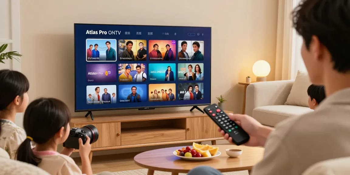 Utilisation de l'application atlas pro ontv sur Smart TV par une famille dans un salon accueillant.