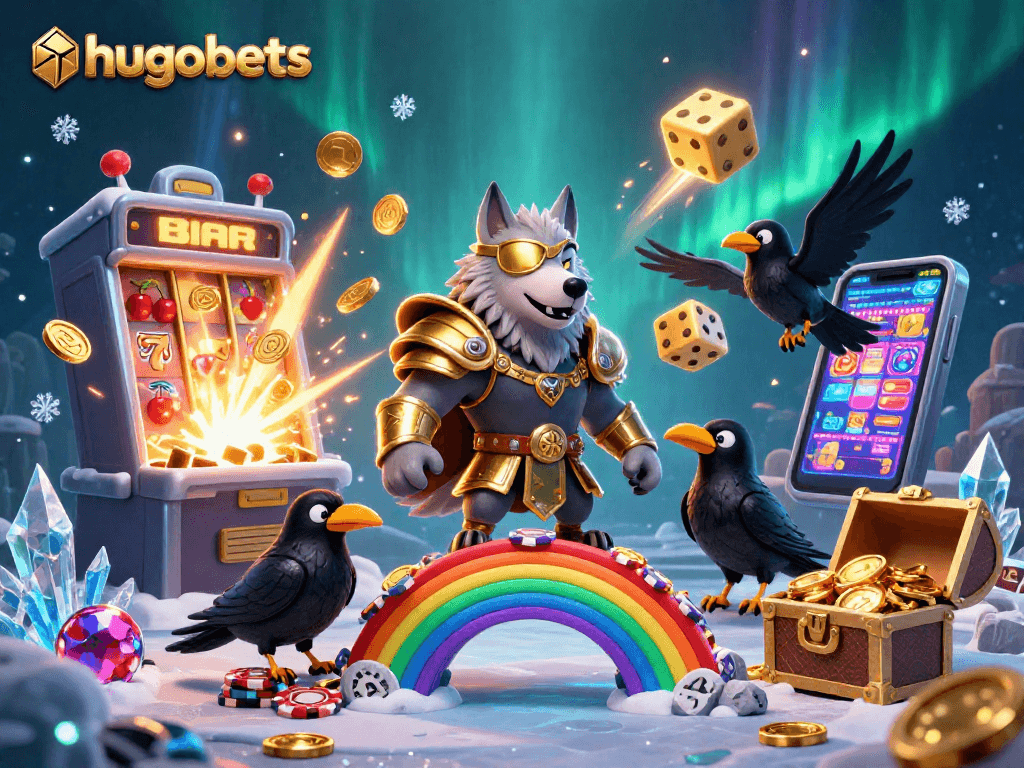 Experience the thrill of hugobets with Norse mythology characters and dynamic casino elements in a vibrant 3D scene.