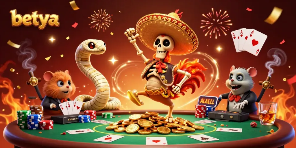 Experience the excitement of betya with a festive casino scene featuring animated characters and game elements.