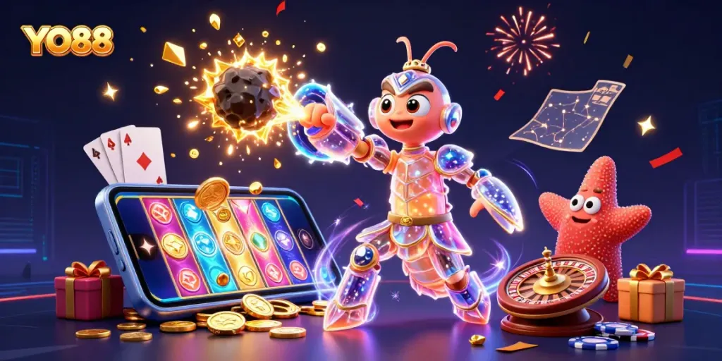 Experience thrilling gaming at YO88 with a dazzling 3D illustration of an epic casino scene.