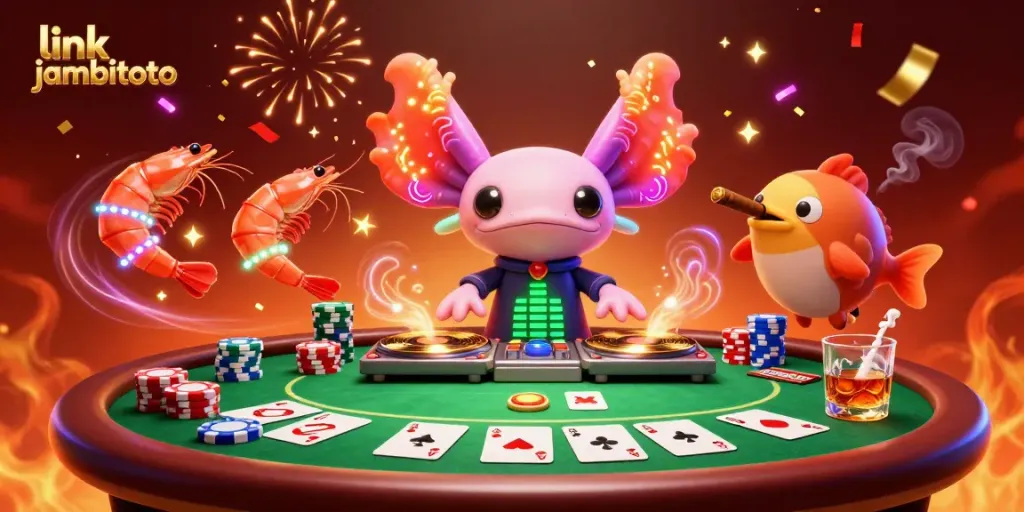 Experience the thrill at link jambitoto with an energetic 3D scene featuring vibrant characters and casino elements.
