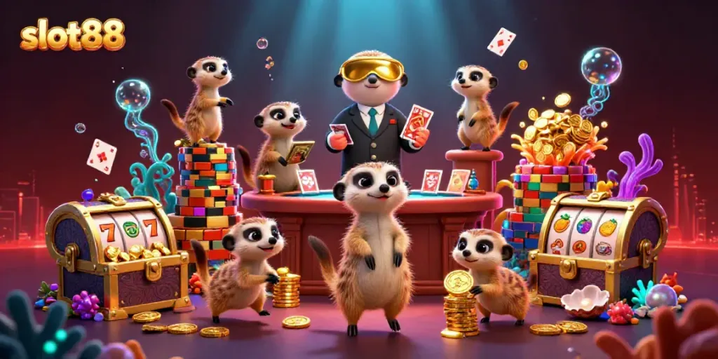 Engage with slot88's vibrant 3D meerkat casino illustration, showcasing excitement and fun.