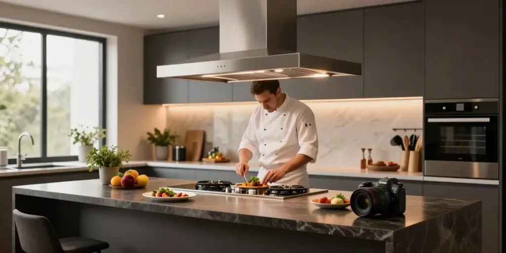 Vue d'une hotte d'ilot central moderne dans une cuisine élégante, avec un chef préparant des plats gourmets.