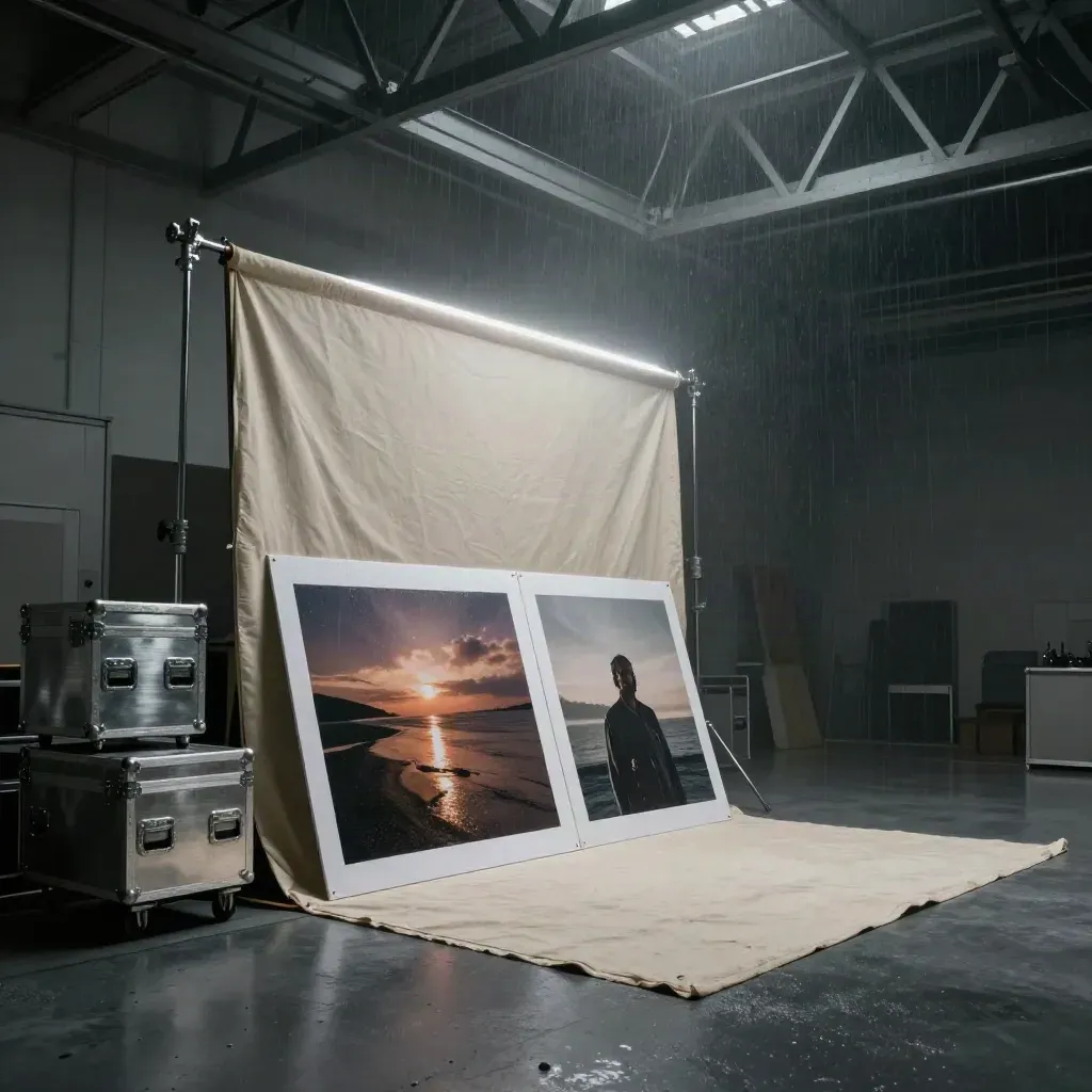 Studio de production noir charbon, panneaux diffusants, flight cases et toiles sous une lumière dramatique.