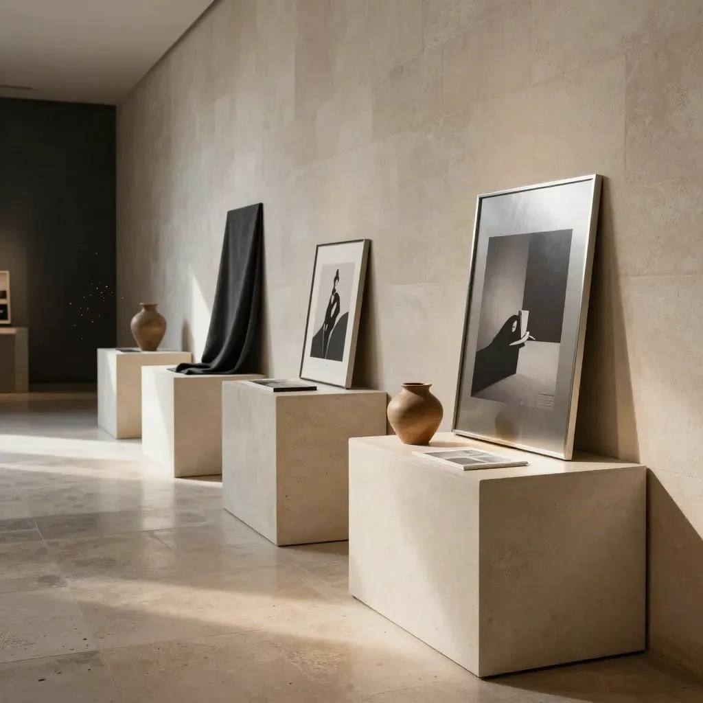 Salle d’exposition en pierre claire avec socles, objets éditoriaux et lumière chaude.