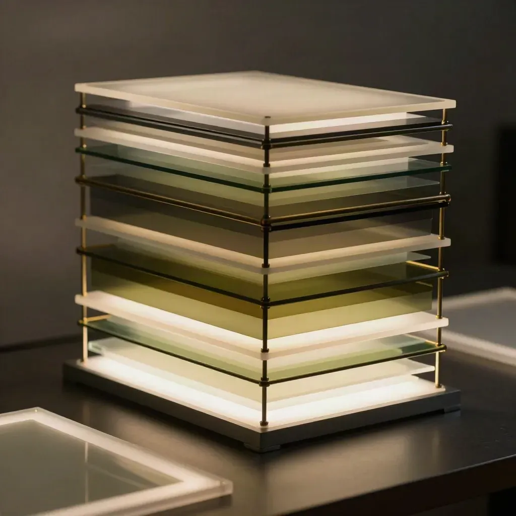 Table lumineuse avec plaques translucides et calques colorés dans une ambiance cinématographique sombre.