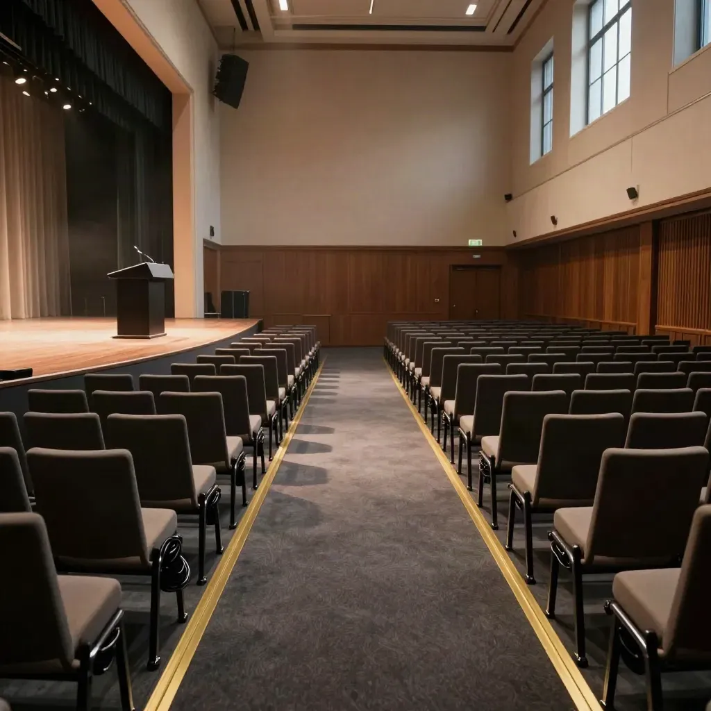 Salle de conférence vide avec scène prête, chaises alignées et lumière chaude.