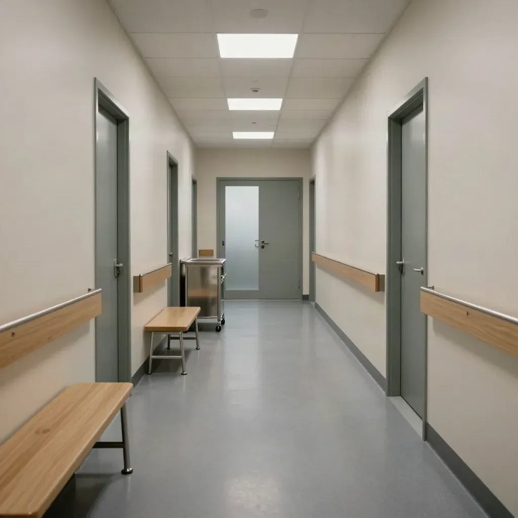 Couloir de clinique rénové, lumineux et prêt à ouvrir, avec mobilier et brume sanitaire légère.