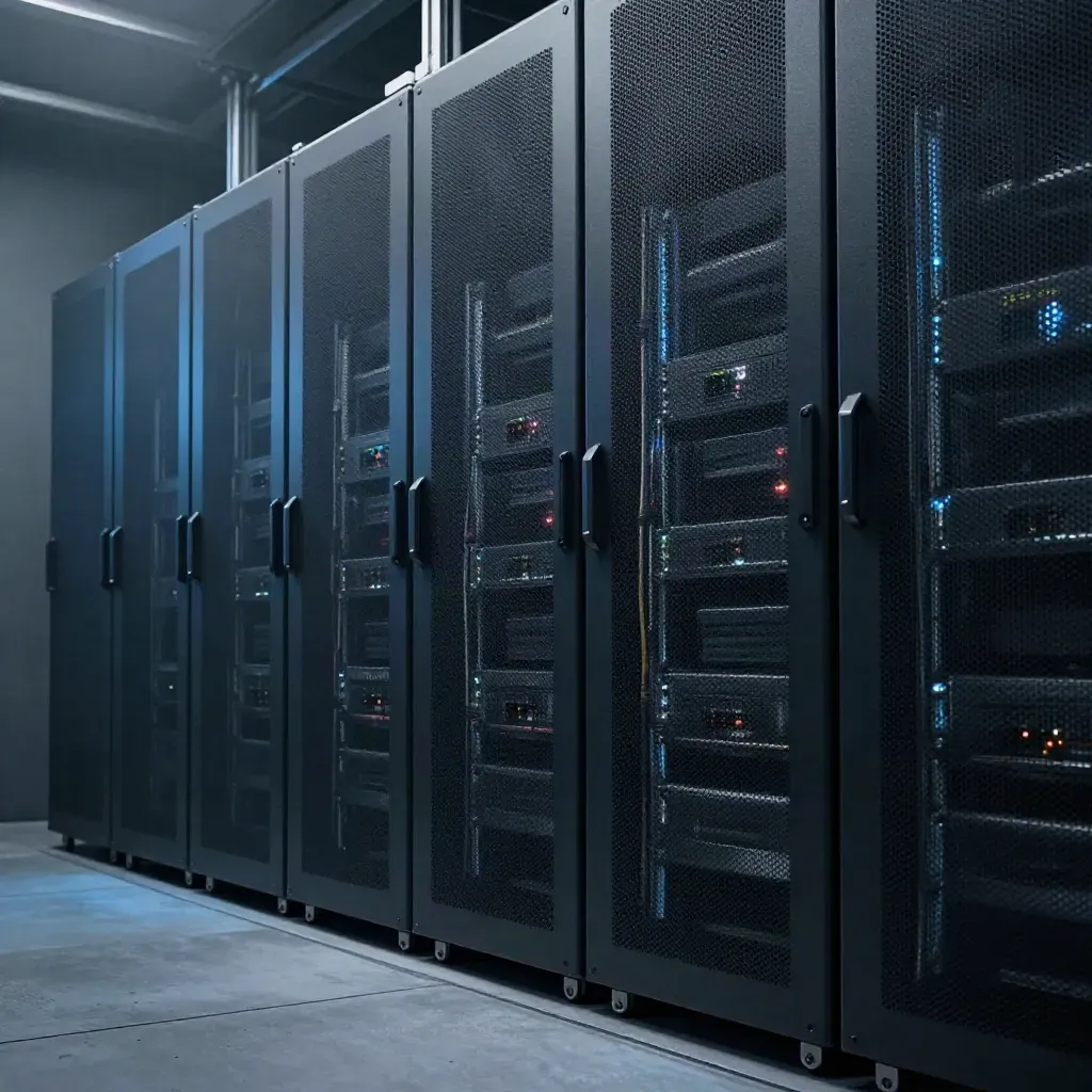Allée de serveurs dans une salle technique froide, avec LEDs discrètes et brume légère