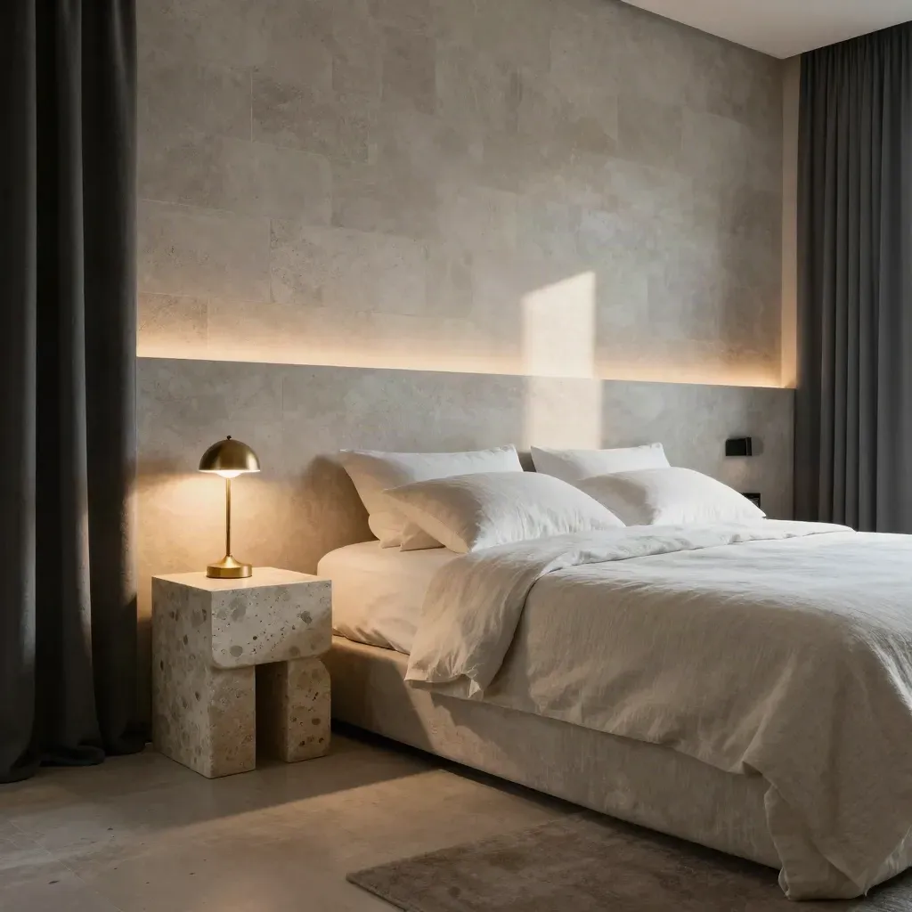 Suite d’hôtel minérale prête à l’aube, lit tiré, rideaux lourds et lumière dorée.