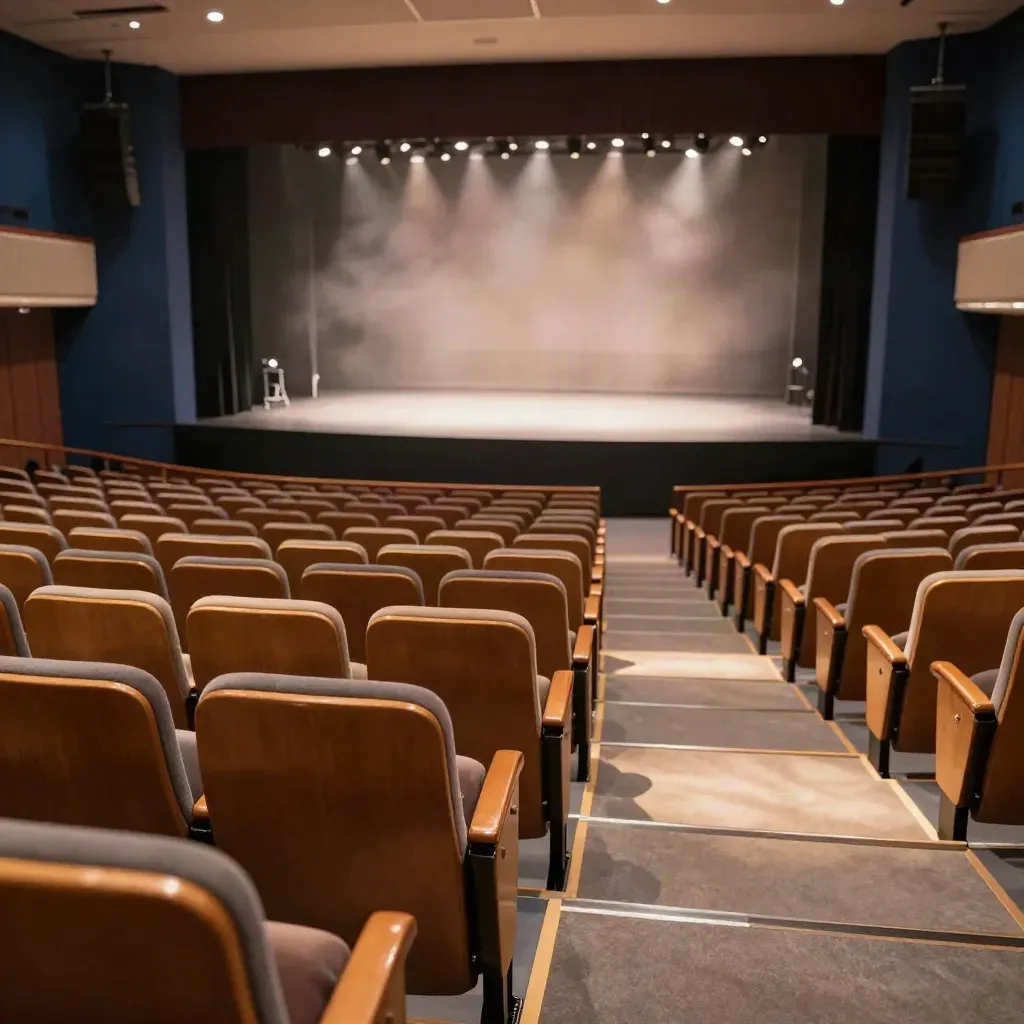Auditorium vide éclairé, sièges alignés et scène prête pour un événement live.