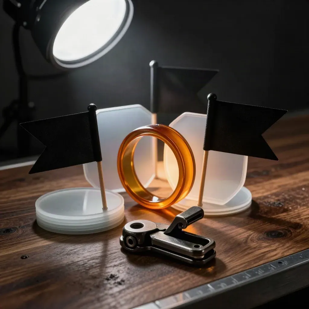 Accessoires lumière noirs, filtres de diffusion et gel ambré sur une pince de grip