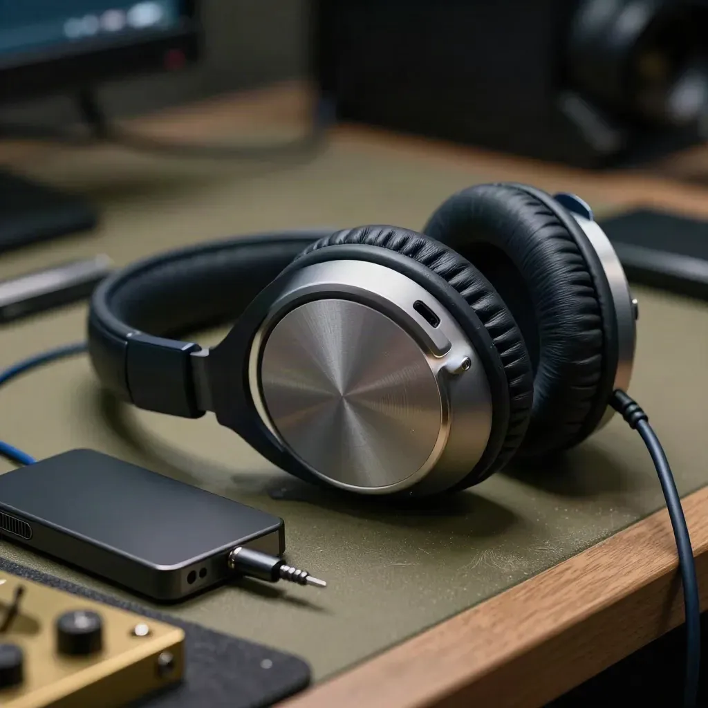 Casque studio, SSD et câble bleu nuit en gros plan sur une table de montage.