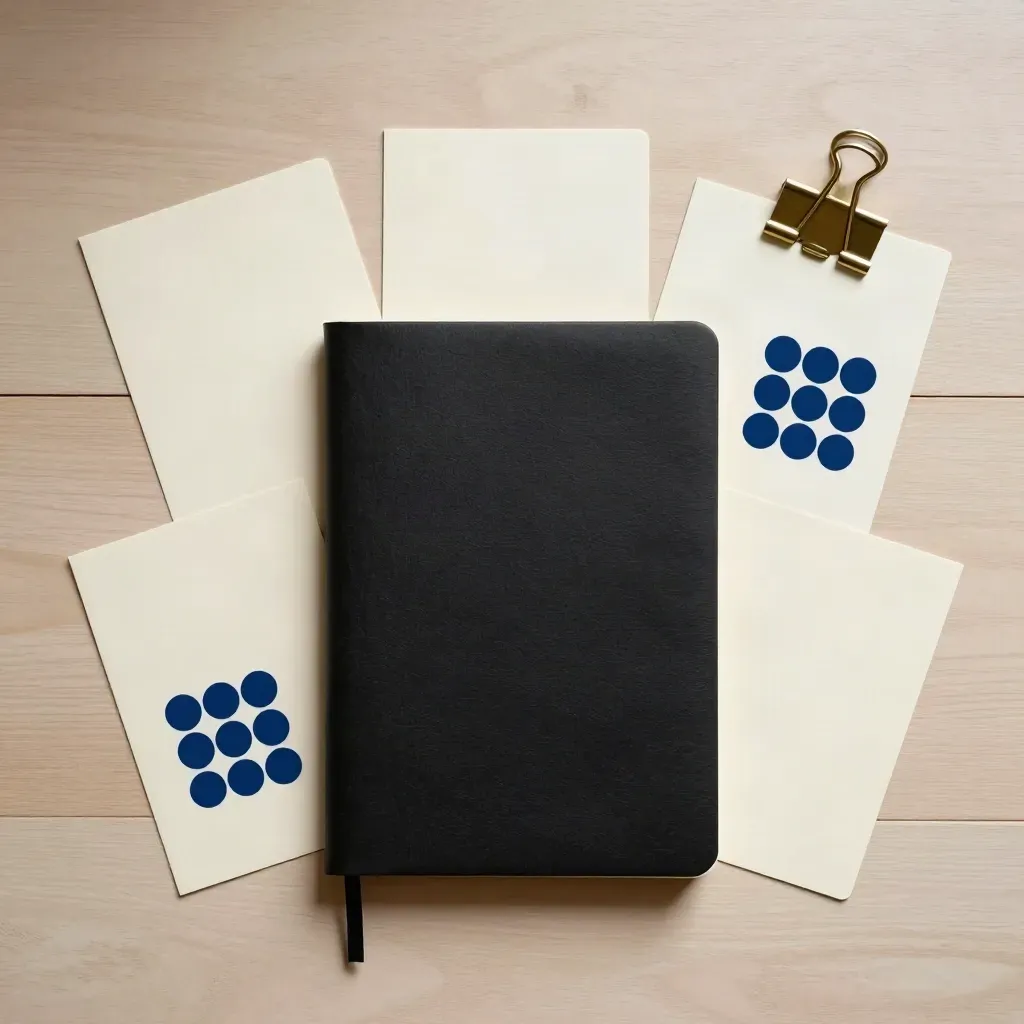 Carnet noir, cartes vierges, gommettes bleues et pince laiton sur bois clair.