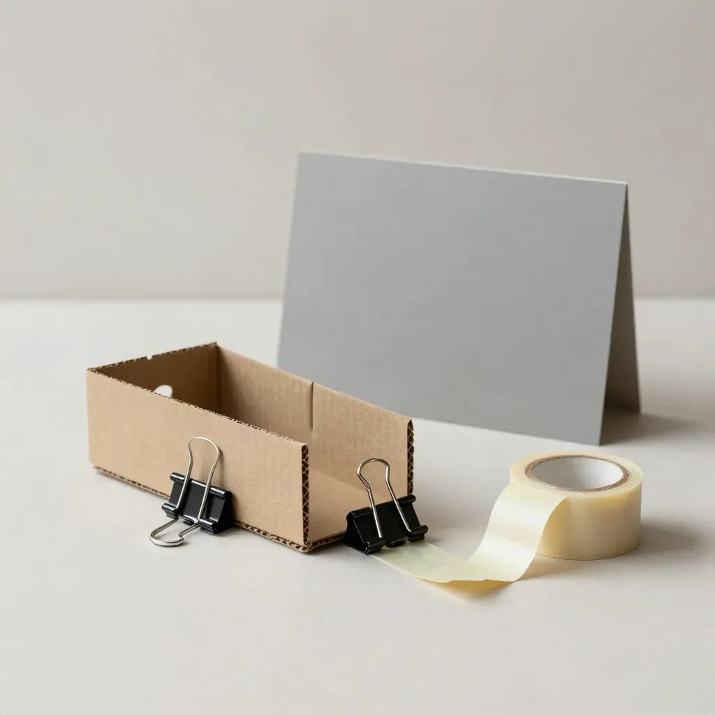 Maquette de repérage en carton gris, pinces noires et ruban de masquage sur plâtre clair.