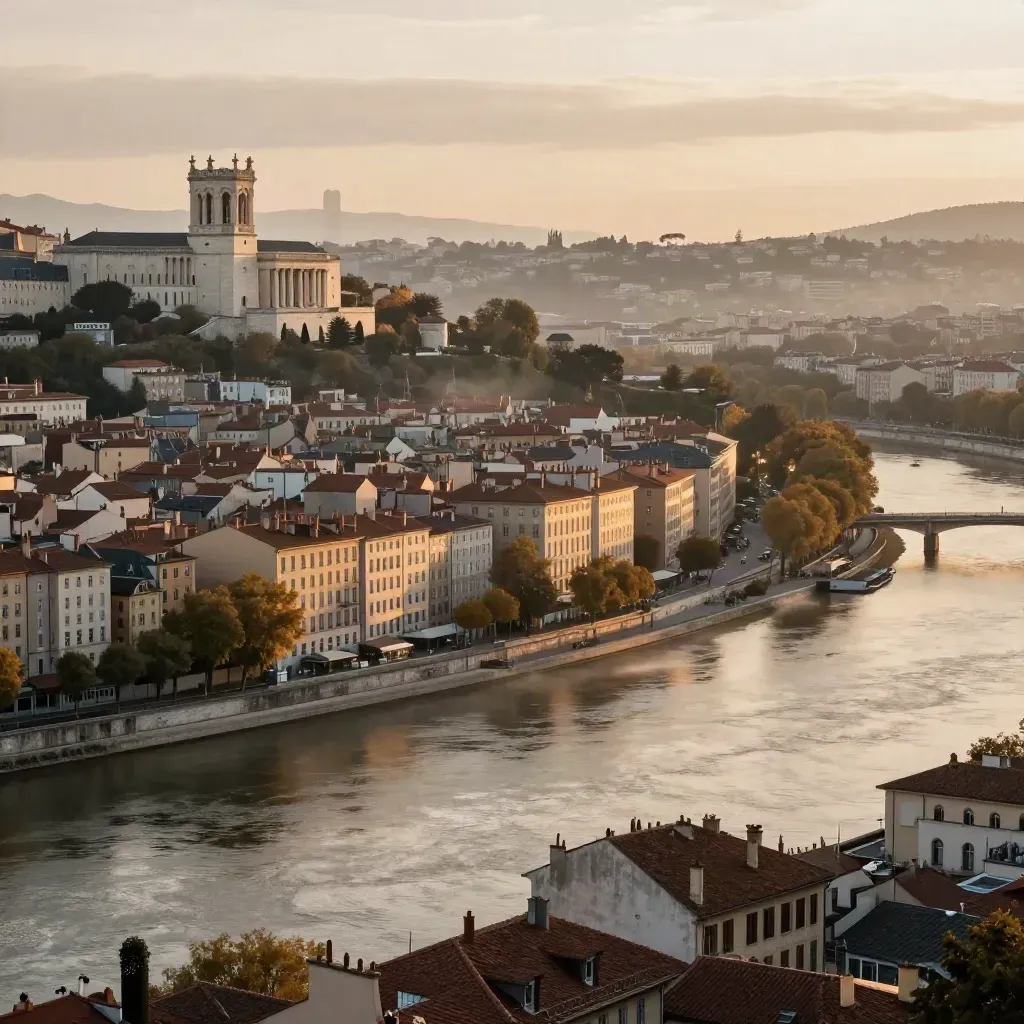 Lyon au bord du Rhône, collines et Alpes lointaines dans une lumière dorée brumeuse.