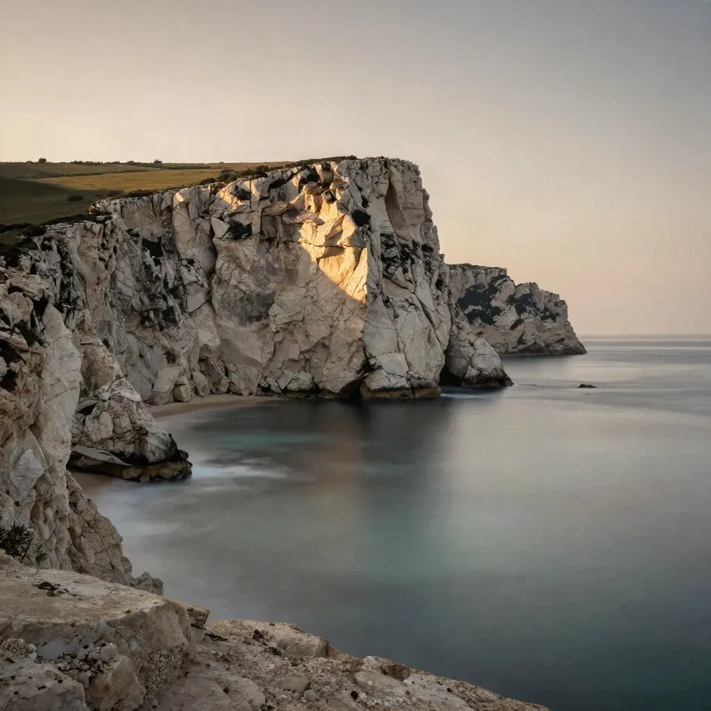 Falaise calcaire au-dessus de la Méditerranée, crique minérale et eau lisse au coucher du soleil.