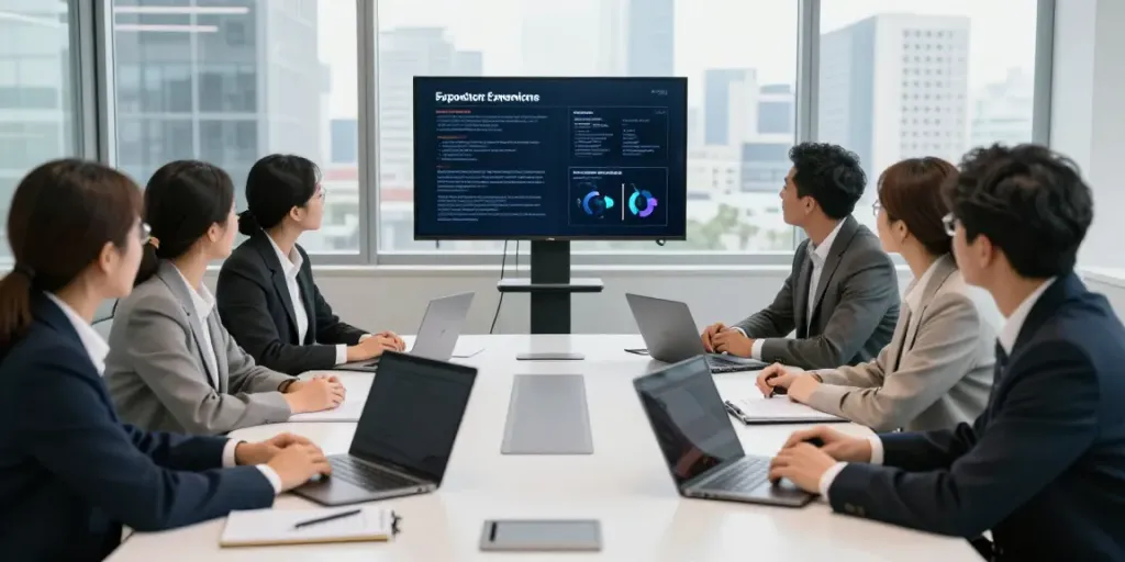 Professionnels discutant des résultats des Expositores lors d'une réunion en salle de conférence moderne.
