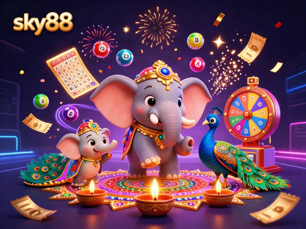 Engage with sky88 gaming excitement through vibrant 3D casino illustration featuring dynamic lottery elements.