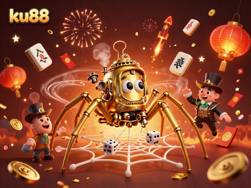 ku88 welcomes players to an exciting world of gaming, featuring a golden spider and dynamic casino elements.