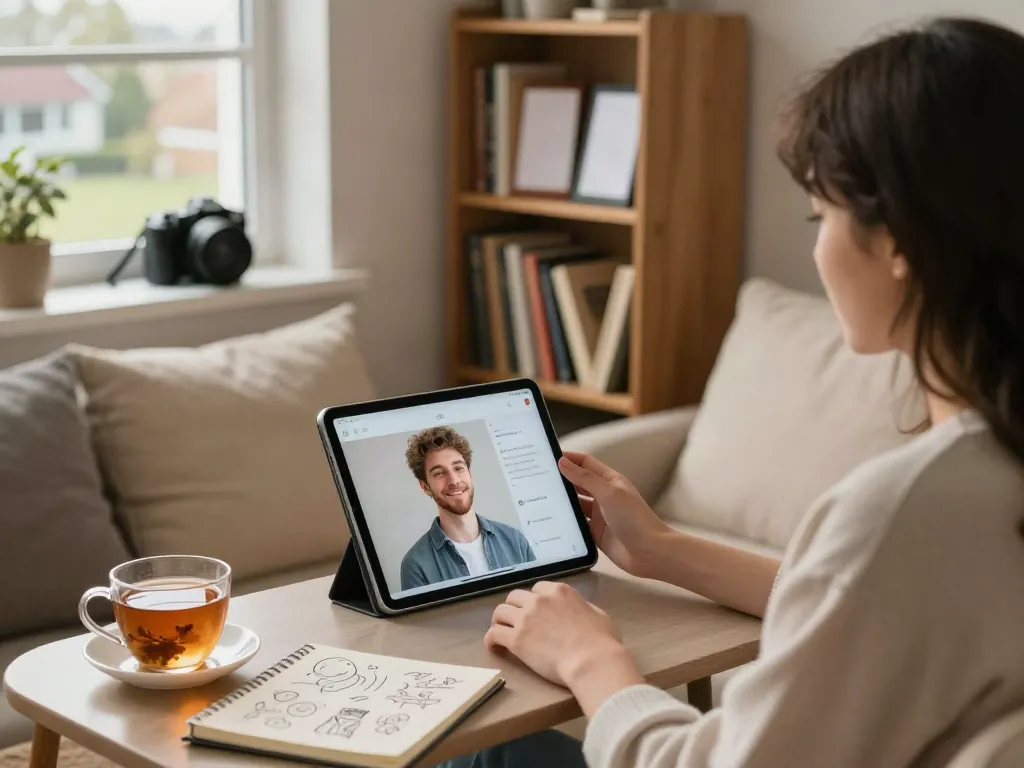 Dynamic scene showcasing a user chatting with a free ai slut avatar on a tablet in a cozy setting.