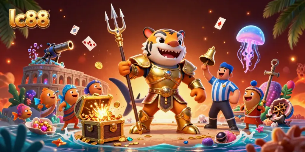 Engage with the exciting underwater casino scene featuring lc88's vibrant characters and treasure-filled adventure.