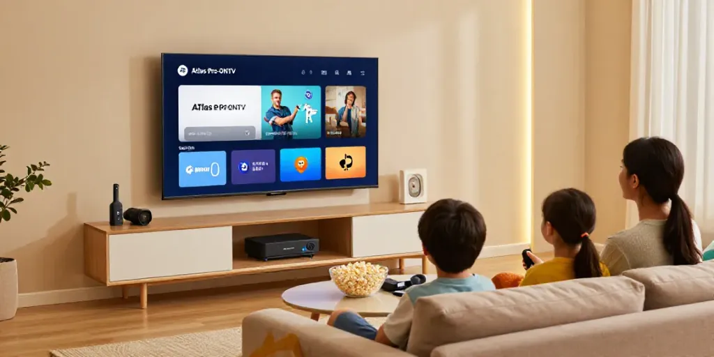 Atmosphère familiale avec l'application Atlas Pro ONTV sur Smart TV dans un salon moderne.