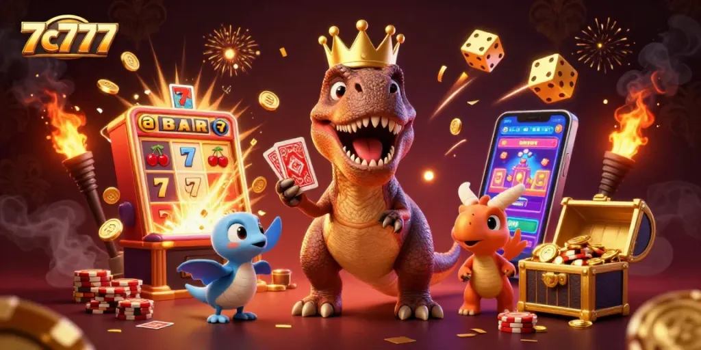 Experience thrilling casino excitement with 7c777 as a cartoon T-Rex shuffles cards alongside lavish jackpots.